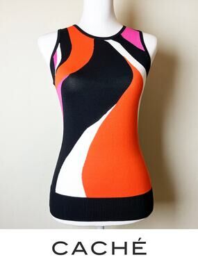 Vintage Caché Abstract Colorblock Knit Tank Top Black Orange Pink S